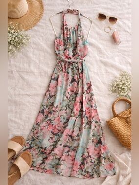 Jessica Simpson Floral Maxi Dress Size 8 Halter Resort Wear Flowing-EUC